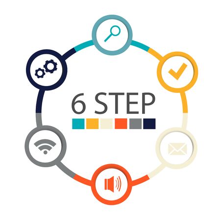 Modern circular infographics of 6 steps, segments for annual reports, charts, presentations, web design with symbols and space for text.のイラスト素材