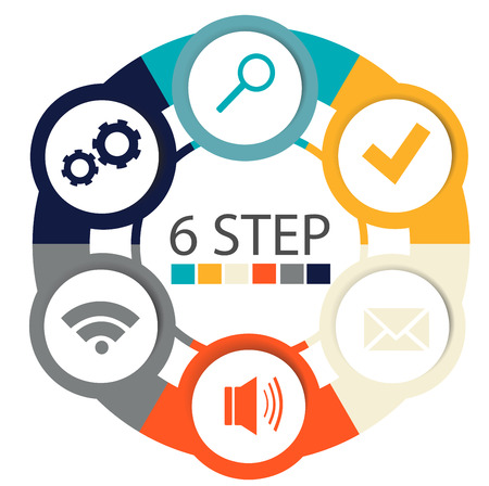 Modern circular infographics of 6 steps, segments for annual reports, charts, presentations, web design with symbols and space for text.のイラスト素材