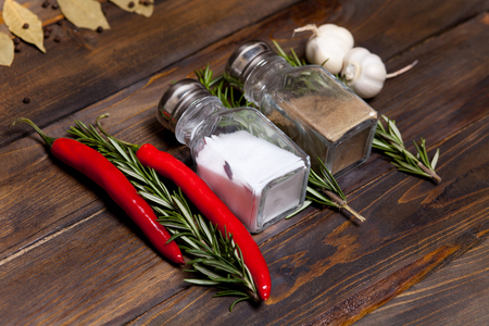Salt and pepper shaker with bay leaf and red chili pepper, white garlic on background of wood.の写真素材