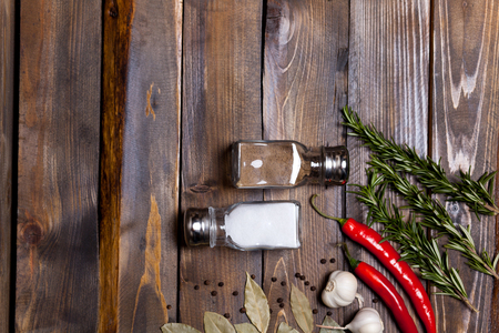 Salt and pepper shaker with bay leaf and red chili pepper, white garlic on background of wood, top view of the workspace.の写真素材