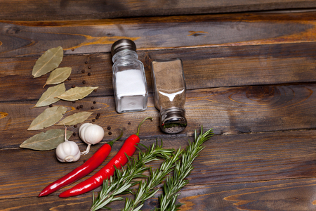 Salt and pepper shaker with bay leaf and red chili pepper, white garlic on background of wood, top view of the workspace.の写真素材