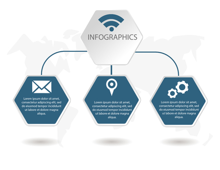 Vector illustration of a template in the form of 3d hexagons with icons and text. Creative representation of infographics for use in business presentation, flowchart, diagram, web design.のイラスト素材