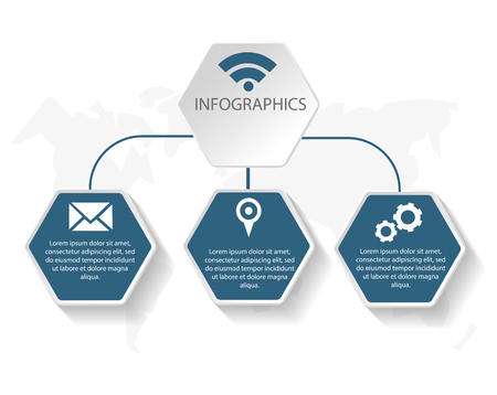 Vector illustration of a template in the form of 3d hexagons with icons and text. Creative representation of infographics for use in business presentation, flowchart, diagram, web design.のイラスト素材