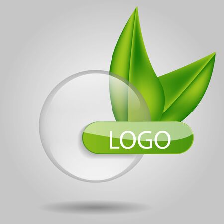 Vector illustration of logo in the form of glass, transparent circle with green leaves for design, business cards.のイラスト素材