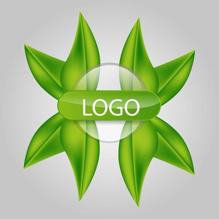 Vector illustration of logo in the form of glass, transparent circle with green leaves for design, business cards.のイラスト素材