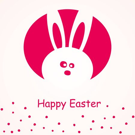 Vector easter greeting card. Cute hare looking out of the egg on pink background with red dots.のイラスト素材
