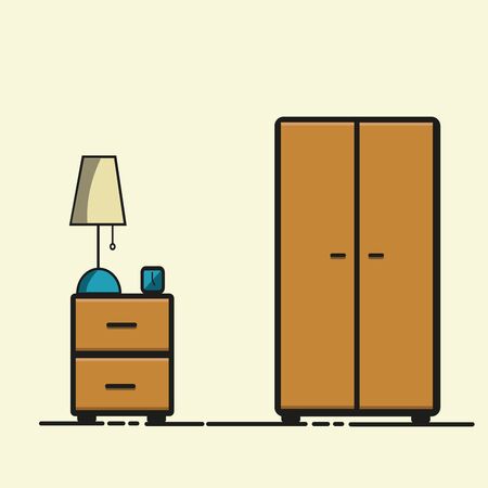Vector illustration of wooden bedside table with lamp and clock beside closet on light background.のイラスト素材