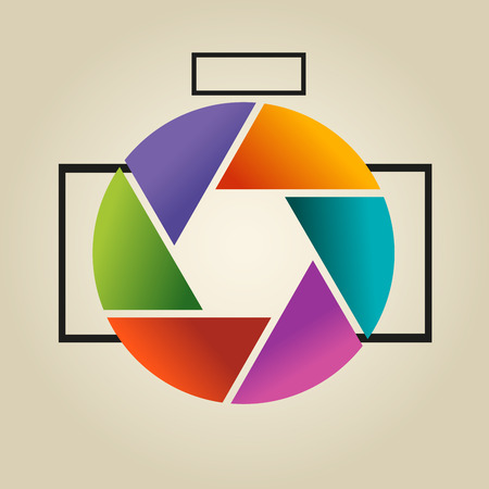 Multi-colored vector logo in the form of lens and diaphragm of photoappar on light background.のイラスト素材