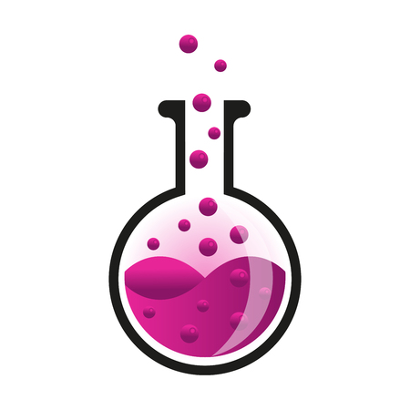 A chemical glass flask with pink liquid and bubbles. Vector illustration.のイラスト素材