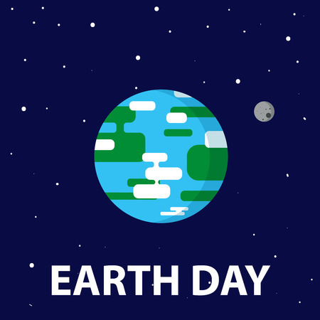 Planet Earth with the moon in space with stars and the inscription Earth Day on blue background.のイラスト素材