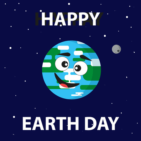 Cute, cartoon planet Earth with the moon in space with stars and the inscription Earth Day on blue background in the form of holiday card.のイラスト素材