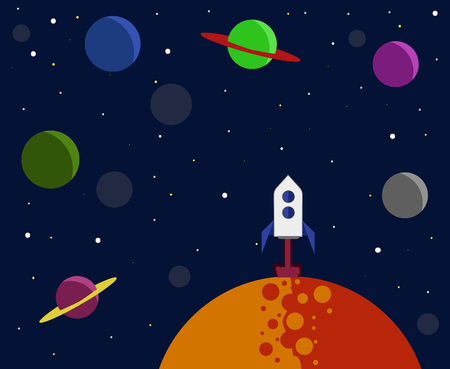 Vector illustration of cosmic sky with planets of the solar system and stars. Space rocket takes off from the planet.のイラスト素材