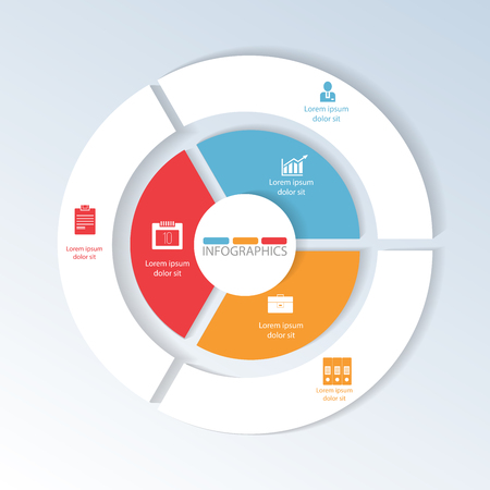 Circular infographics of 3 steps, segments for annual reports, charts, presentations, workflow layout, banner, number options, step up options, web design with symbols and space for text.のイラスト素材
