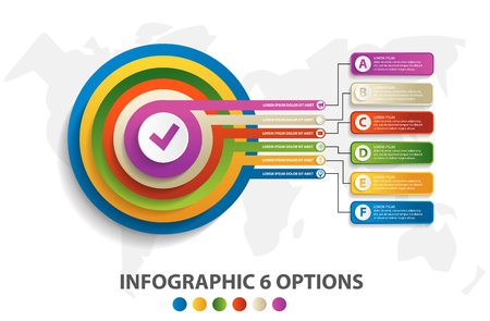 Vector graphic design infographics for marketing with 6 circles in the form of a target. Charts, presentations, workflow layout, banner, number options, step up options, web design.のイラスト素材