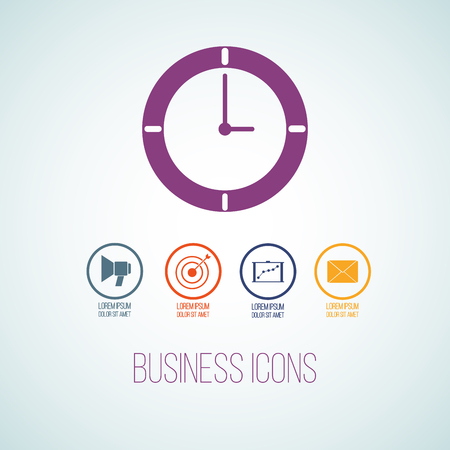 Vector business icon in the form of clock. Icon set for for annual reports, charts, presentations, workflow layout, banner, number options, step up options, web design with symbols and space for text.のイラスト素材