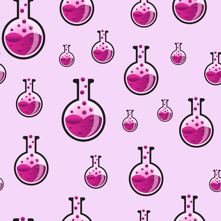 Vector illustration of seamless pattern in the form of chemical flasks with liquid and bubbles on pink background. Natural science background.のイラスト素材