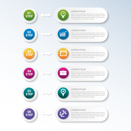 Vector illustration. An infographic template with 6 steps and an image of six rectangles and circles. Use for business presentations, education, web design. Place for text and icons.のイラスト素材