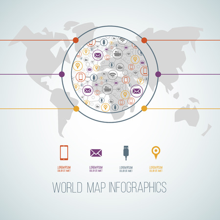 Vector illustration. An infographic template with a map of the world and various icons and place for text. Use for business presentations, education, web design.のイラスト素材