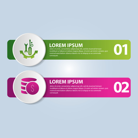 Vector illustration. An infographic template with 2 steps and an image of two rectangles and circles.のイラスト素材