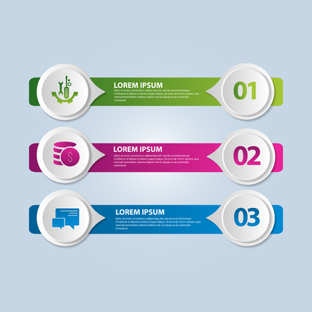 Vector illustration. An infographic template with 3 steps and an image of three rectangles and circles. Use for business presentations, education, web design. Place for text and icons.のイラスト素材