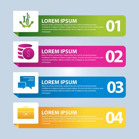 Vector illustration. An infographic template with 4 steps and an image of four rectangles. Use for business presentations, education, web design. Place for text and icons.のイラスト素材