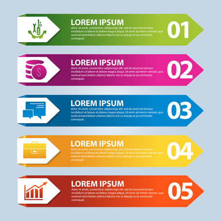 Vector illustration. An infographic template with 5 steps and an image of five rectangles. Use for business presentations, education, web design. Place for text and icons.のイラスト素材