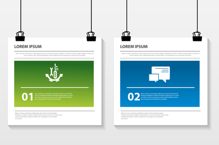 A Vector illustration. Infographic pattern on a suspended sheet of paper. 3d style with two steps. Used for business presentations, education, web design. Place for text and icons.のイラスト素材