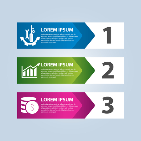 Vector illustration in the form of arrows and numbers. Infographics with 3 steps and arrows for web sites, diagrams, reports, business presentations, workflow, education. Banner with three actions.のイラスト素材