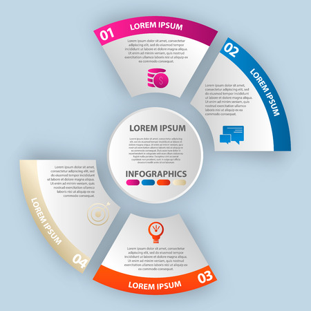 Vector illustration. Infographics in the form of a circle and 4 segments. Template for graphs, presentations, business, education with four steps and a circle in the center.のイラスト素材