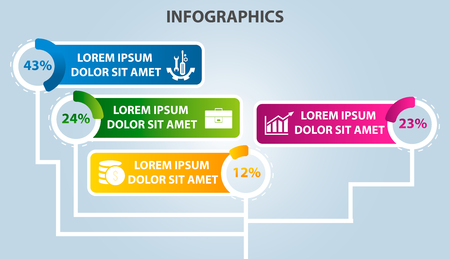 Vector illustration. Infographic template with 4 elements, circles and percentages. Contains icons and text. Designed for business, presentations, web design, diagrams with 4 steps.のイラスト素材