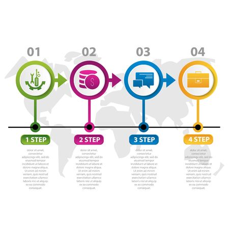 Vector illustration. Infographic pattern with the image of 4 circles, in the form of drop. 3d style with world map and four steps. Used for business presentations, education, web design.のイラスト素材