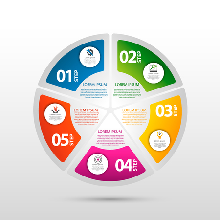 Infographics circular vector banner of 5 steps. Modern vector illustration with five steps pattern of balls, bubbles for business presentations, design, education, appのイラスト素材