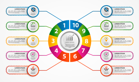 Modern vector illustration 3d. A circular infographic template with ten elements and a circle in the center. Contains icons and text. Designed for business, presentations, diagrams with 10 steps.のイラスト素材