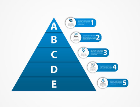 Modern vector illustration 3d. Pyramid template infographics with five elements, levels. Contains icons and text.のイラスト素材