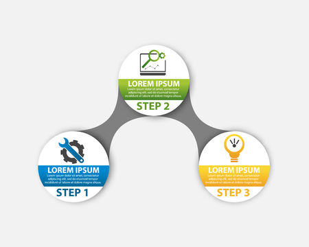 Modern teplate circle infographics with three elements. Designed for business, presentations, web design, diagrams with 3 steps, options, parts or processes.のイラスト素材