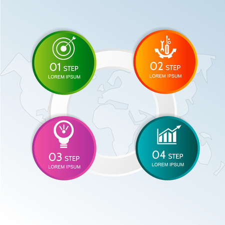 Modern vector illustration 3d. Template of a circular infographics with four elements, circles. Contains icons and map. Designed for business, presentations, web design, diagrams with 4 steps.のイラスト素材