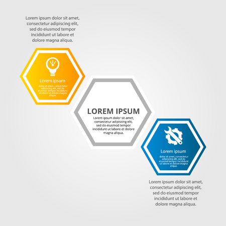 Modern vector illustration. Infographic template with three hexagon elements. Contains icons and text. Designed for business, presentations, web design, diagrams with 3 steps.のイラスト素材