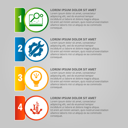 Modern vector illustration. Infographic template with four elements, circles and text. Step by step. Designed for business, presentations, web design, diagrams with 4 steps.のイラスト素材