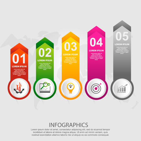 Modern vector illustration 3d. Info-graphic pattern with five elements, squares, arrows. Designed for business, presentations, web design, timeline elements, diagrams with 5 steps.のイラスト素材