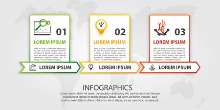 Vector illustration. An infographic template with 3 steps and an image of three rectangles. Use for business presentations, education, web design. Place for text and icons.のイラスト素材