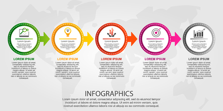Modern vector illustration 3D. Template of circles of infographics with five elements and arrows. Designed for business, presentations, web design, diagrams with 5 steps. Concept step by step.のイラスト素材