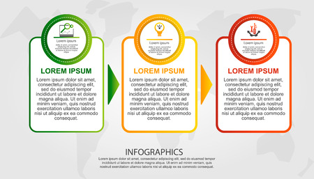 Modern vector illustration 3D. Template of circles and rectangles of infographics with three elements and arrows. Designed for business, presentations, web design, diagrams with 3 steps. Step by step.のイラスト素材