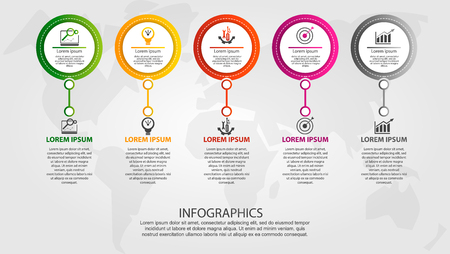 Modern vector illustration. Infographic template with five elements, circles and text. Step by step. Designed for business, presentations, web design, diagrams with 5 steps.のイラスト素材
