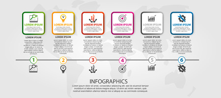 Vector modern 3D illustration. An infographic template with 6 steps and an image of six squares. Use for business presentations, education, web design. Place for text and icons.のイラスト素材