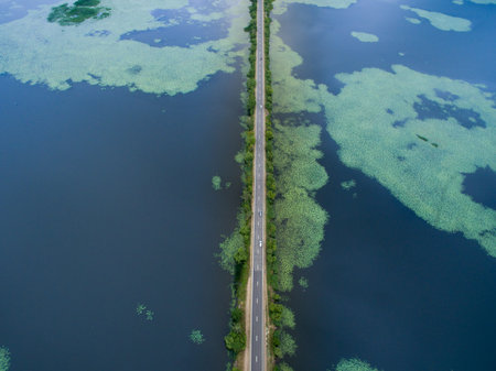 Landscape of an asphalt road. View from above on the road going along the blue river. Summer photography with bird's eye view.の写真素材