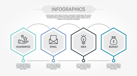 Flat line vector illustration. Infographic template with four fouelements, hexagons, text. Timeline step by step. Designed for business, presentations, web design, diagrams, training with 4 steps.のイラスト素材