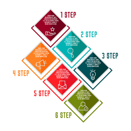 Flat vector illustration. Infographic template with six elements, quadrilaterals with icons. Designed for business, presentations, web design, process diagrams, training with 6 steps.のイラスト素材