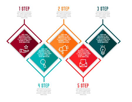 Modern 3D vector illustration. Infographic template with five elements, rhombus. Timeline step by step. Designed for business, presentations, web design, diagrams, chart, training with 5 steps.のイラスト素材