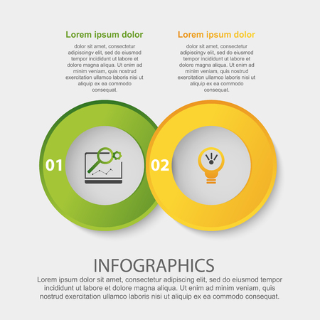 Modern 3D vector illustration. Circular infographic template with two elements. Icons and text. Designed for business, presentations, web design, applications, interfaces, diagrams with 2 steps.のイラスト素材