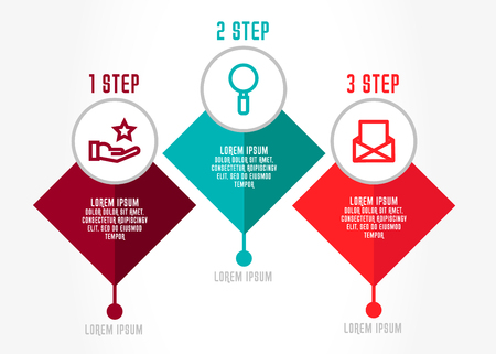 Modern 3D vector illustration. Infographic template with three elements, rhombus, circles. Timeline step by step. Designed for business, presentations, web design, diagrams, training with 3 stepsのイラスト素材
